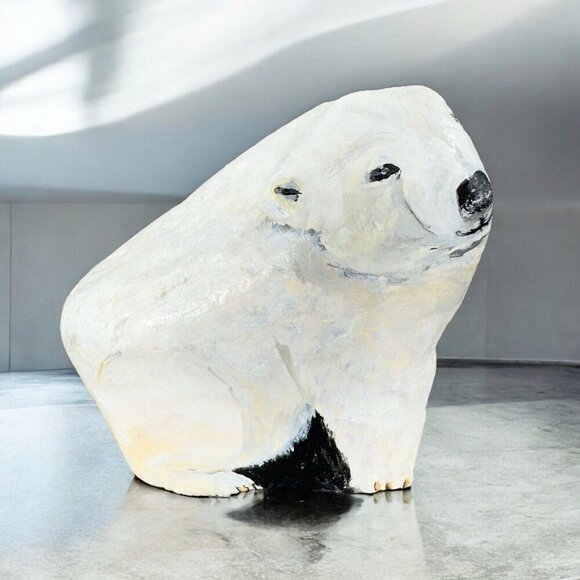Hand Painted Folk Art Stone Paperweight Figurine Polar Bear Heavy Signed Lejman - Picture 1 of 15